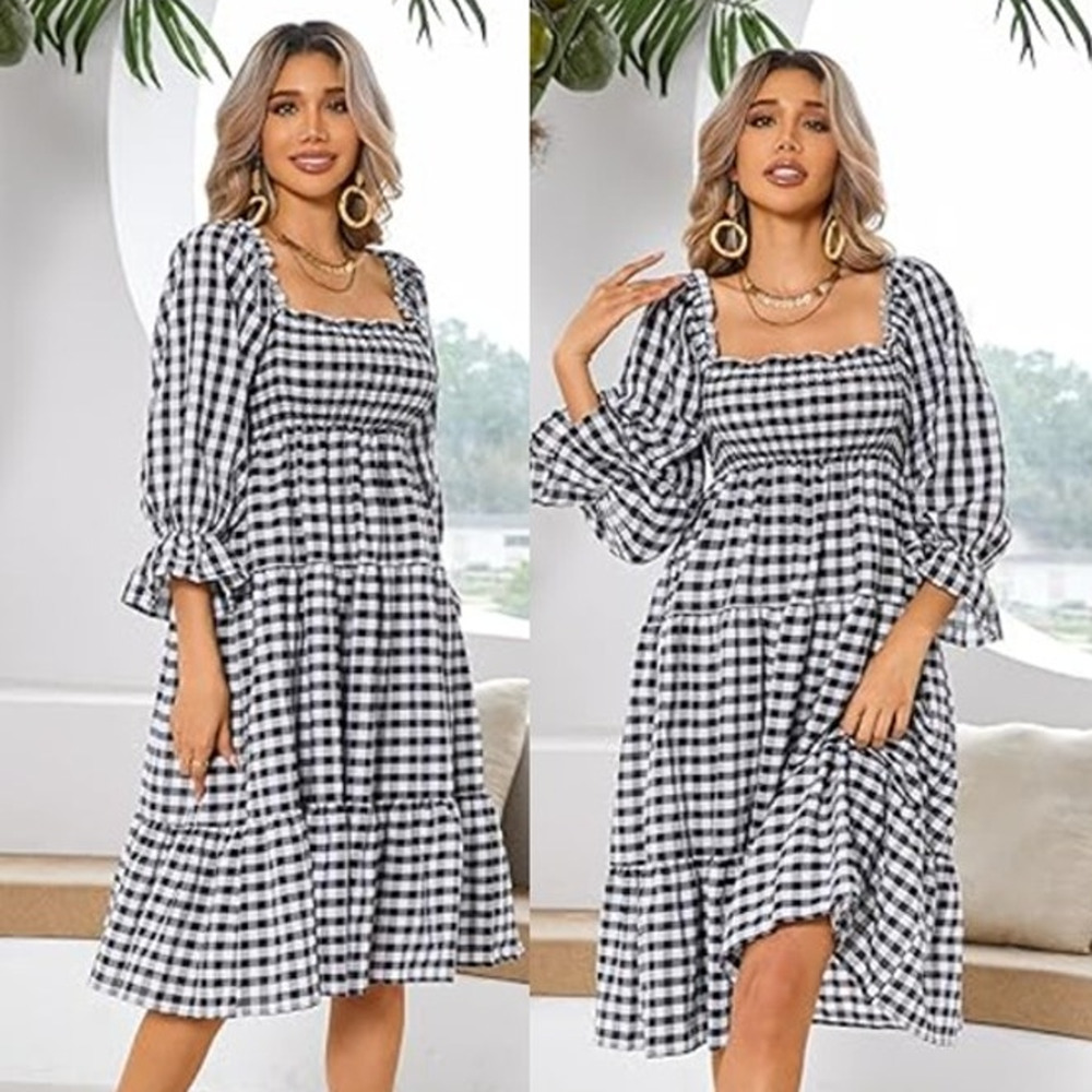 R. Vivimos Puff Sleeve Smocked Tiered Dress Black Gingham Women Size XL Cottage